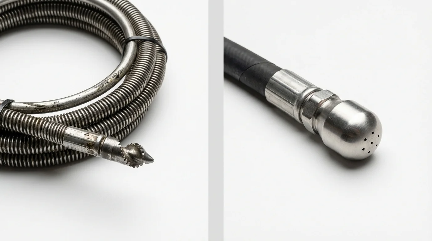 Drain snake cable and hydro jetting nozzle used for drain cleaning in Studio City, CA