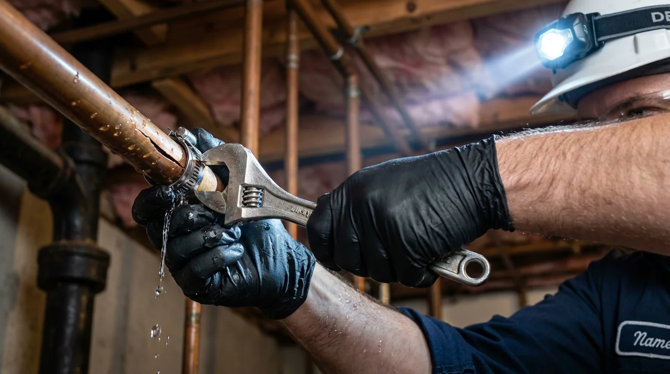Emergency pipe clamp repair being performed by a Johns Plumbing LLC plumber in Studio City